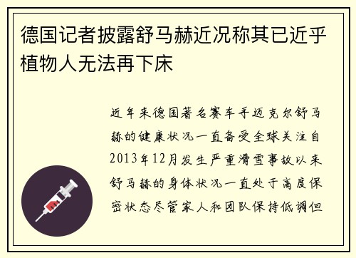 德国记者披露舒马赫近况称其已近乎植物人无法再下床